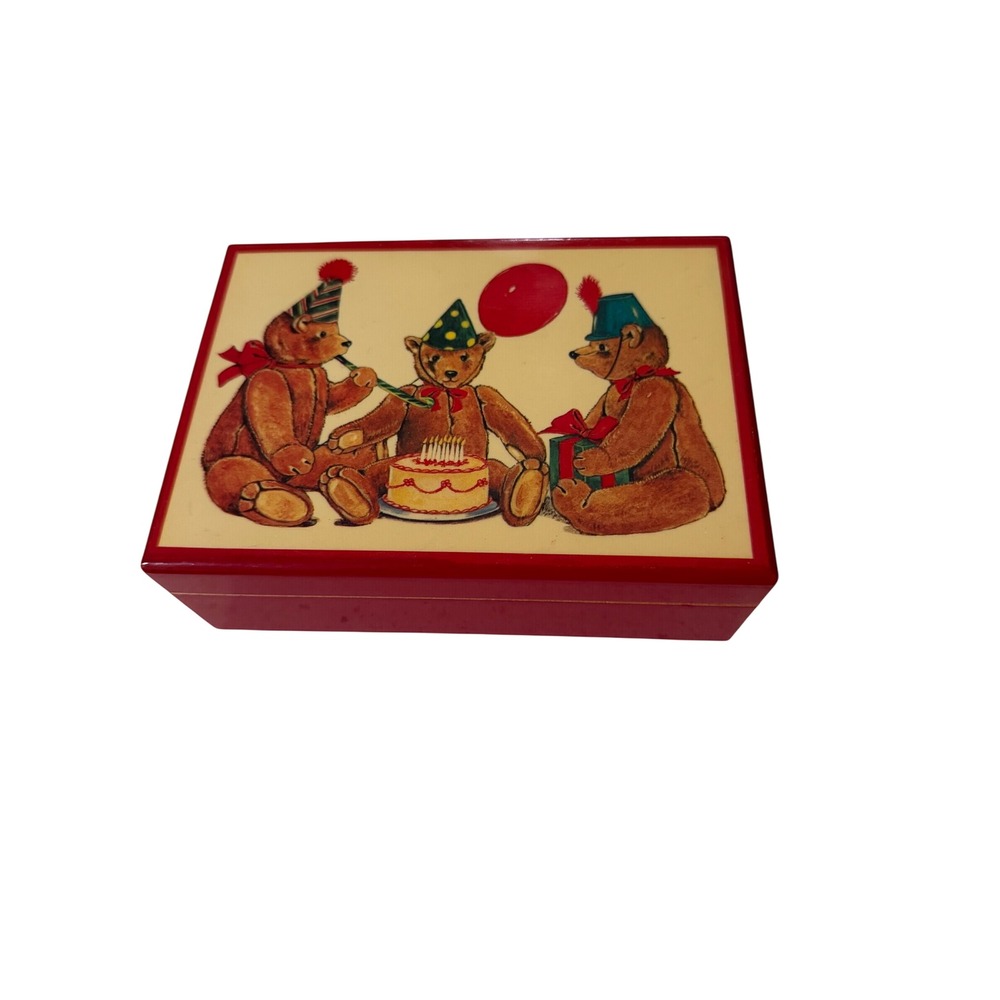 Vintage 1984 Schmid Gordon Fraser Teddy Bears Picnic Musical Jewelry Box Red